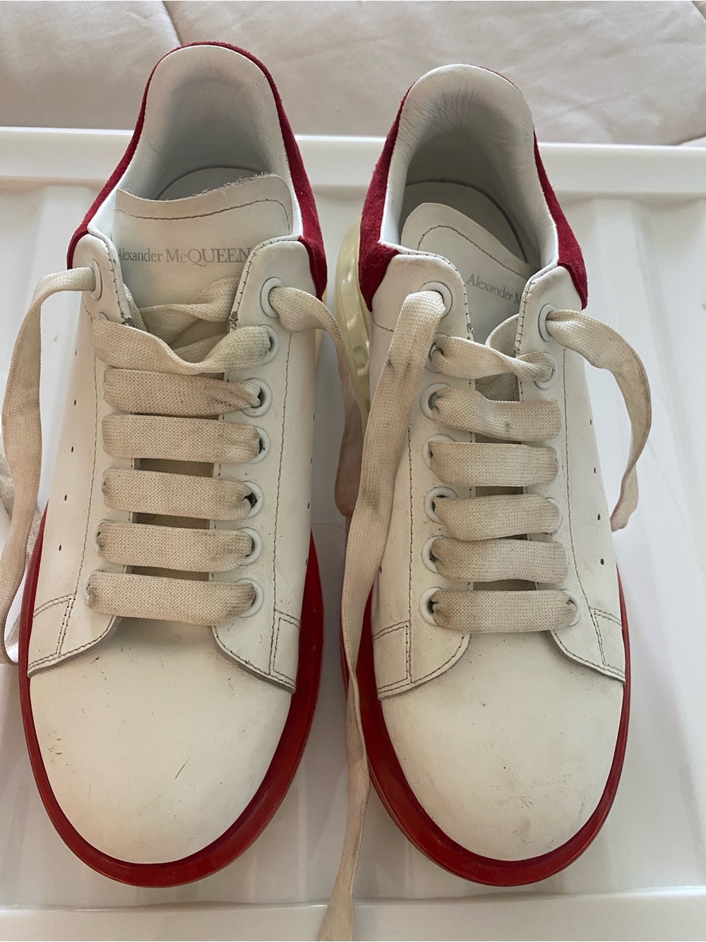 Alexander McQueen White Leather Sneakers with Red Sole and Heel Tab